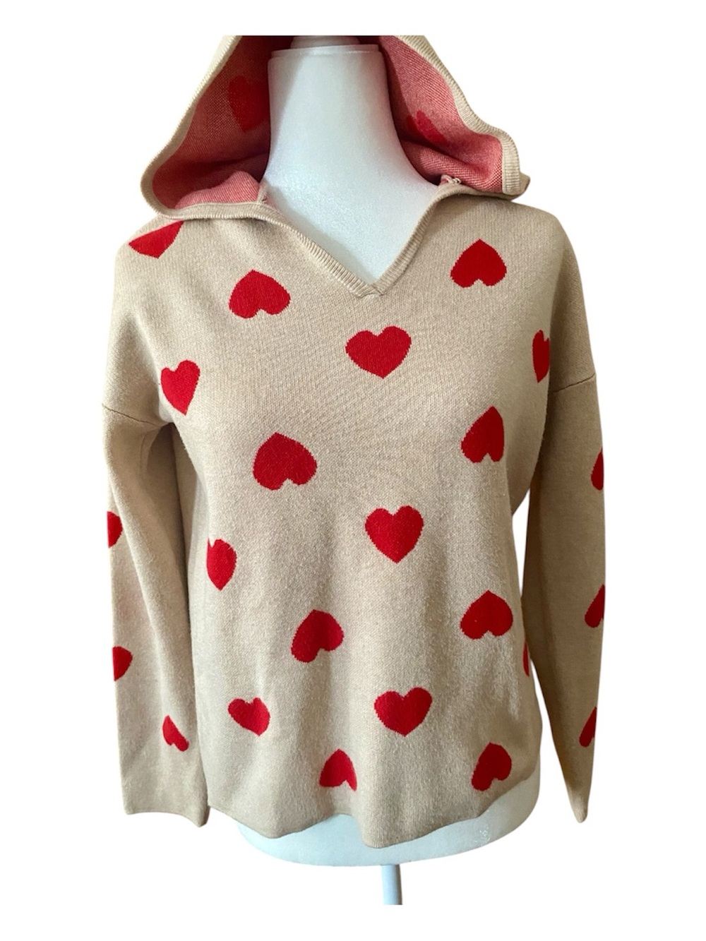 Marled ReUnited Heart Print Hooded Sweater Red Beige Knit Hoodie Medium